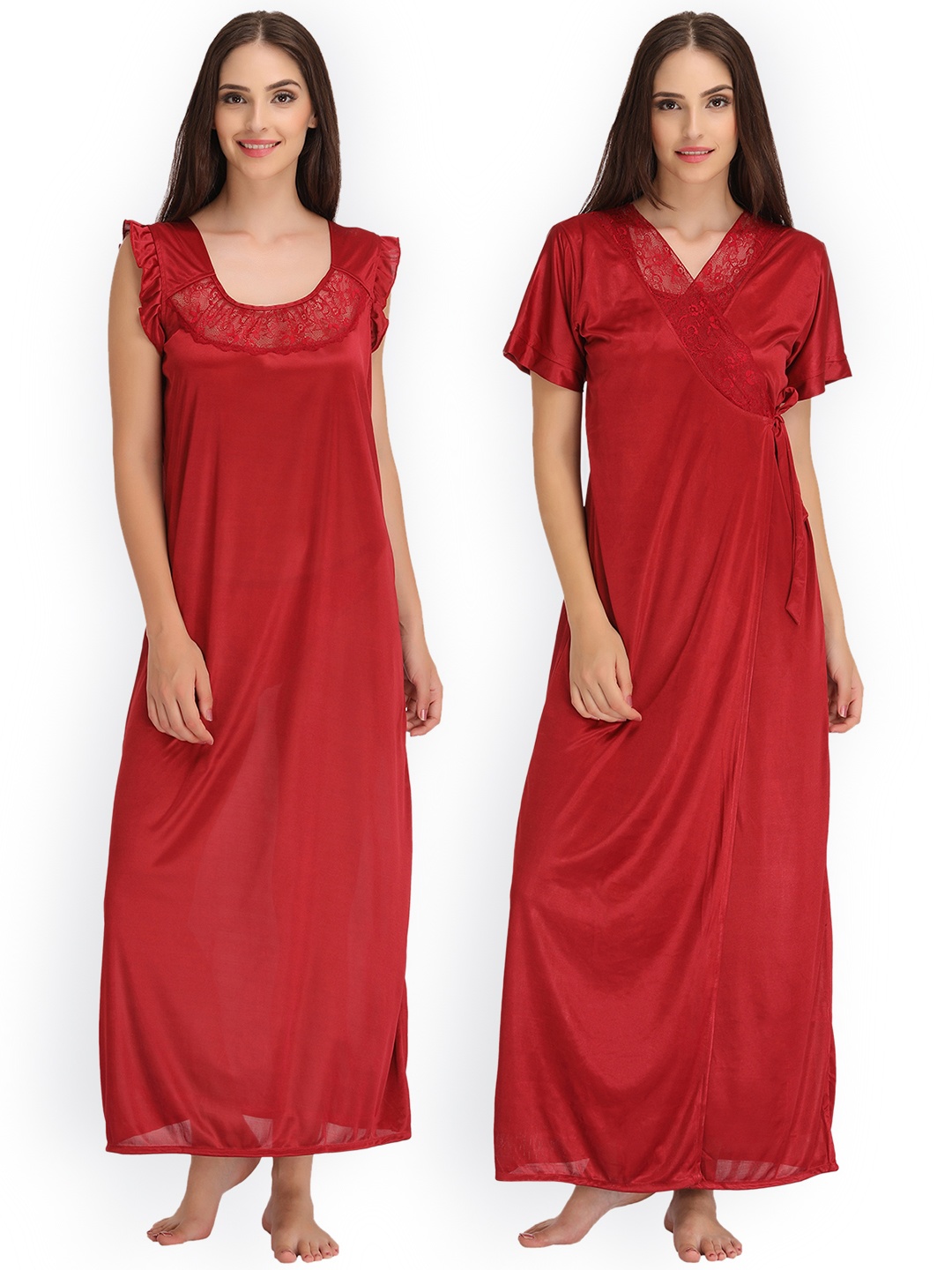 

Clovia Women Pack Of 2 Maroon Solid Nightdress With Robe