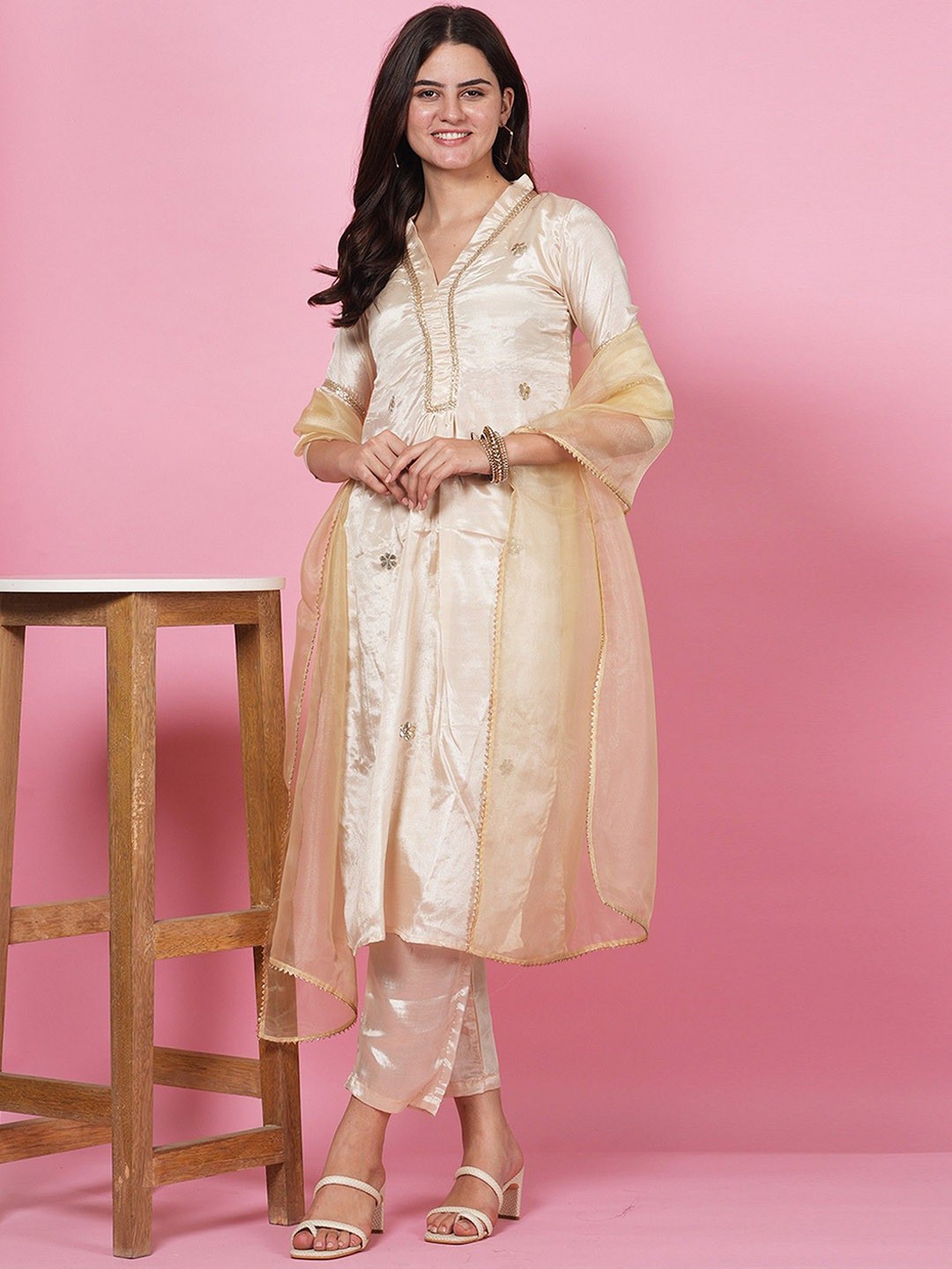 

LABEL KRISHA Floral Zari Satin Silk A Line Kurta with Trousers & Dupatta, Cream