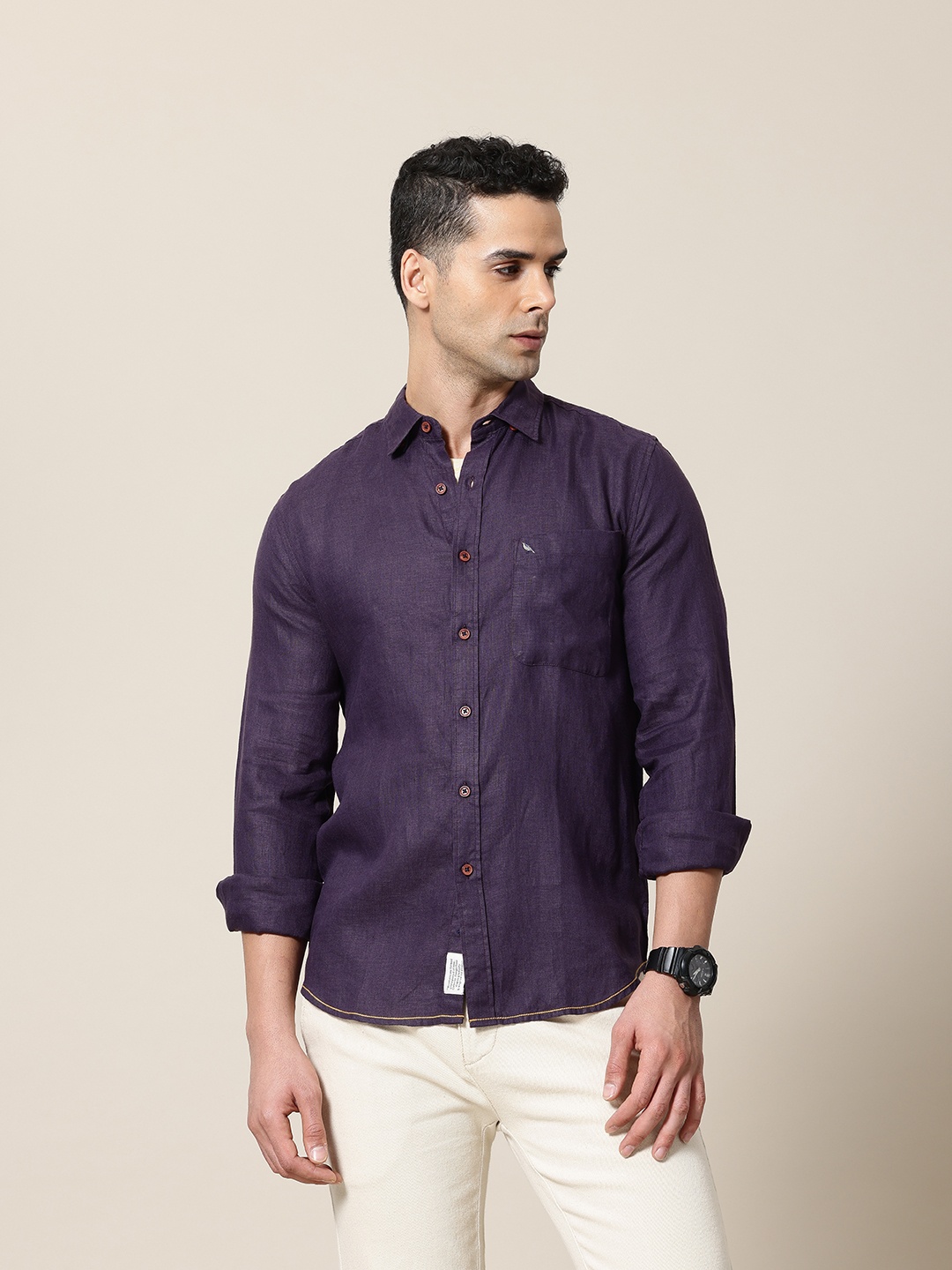 

Mr Bowerbird Men Standard Tailored Fit Pure Linen Casual Shirt, Purple