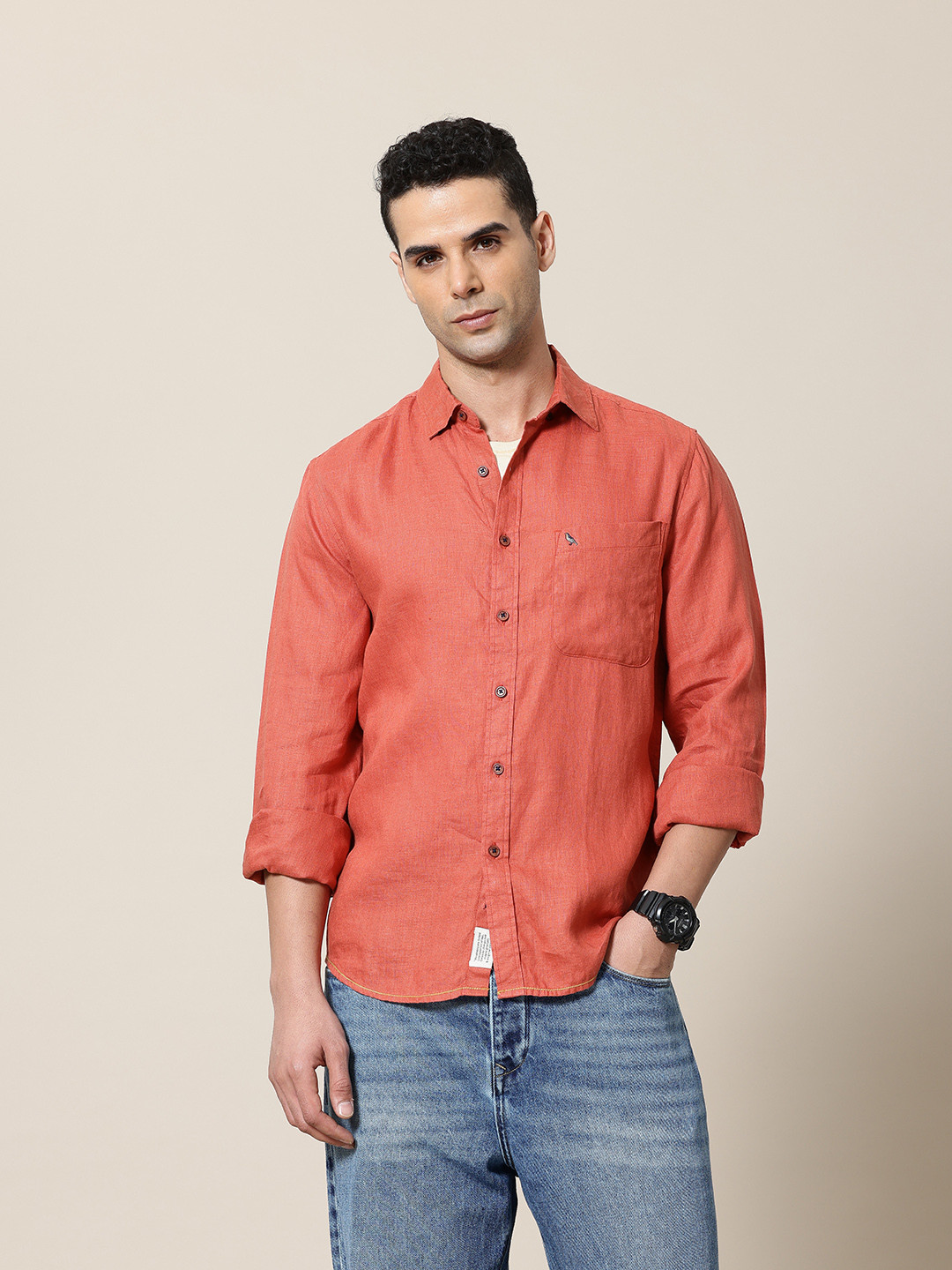 

Mr Bowerbird Men Standard Tailored Fit Pure Linen Casual Shirt, Rust