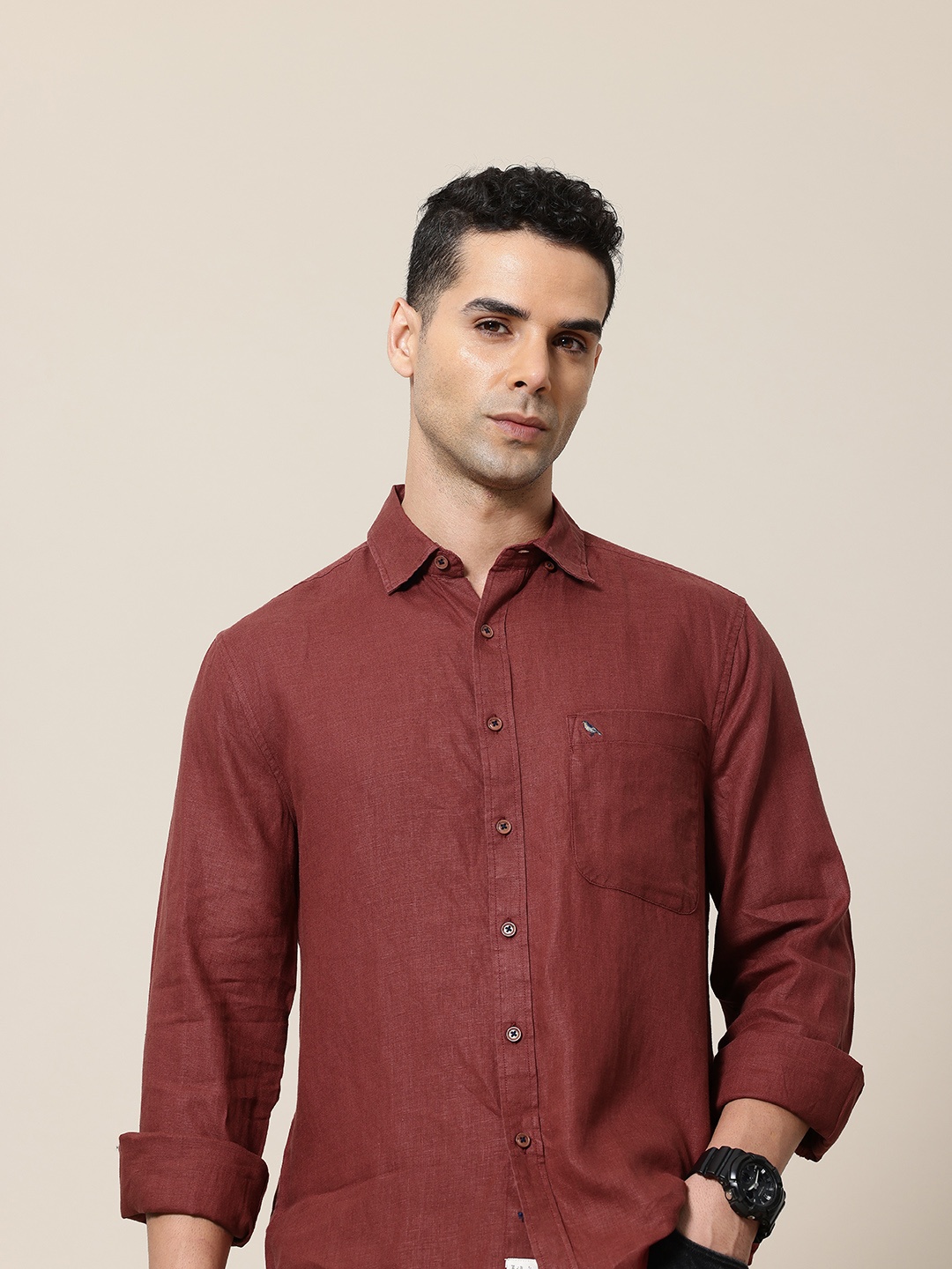 

Mr Bowerbird Men Standard Tailored Fit Pure Linen Casual Shirt, Maroon