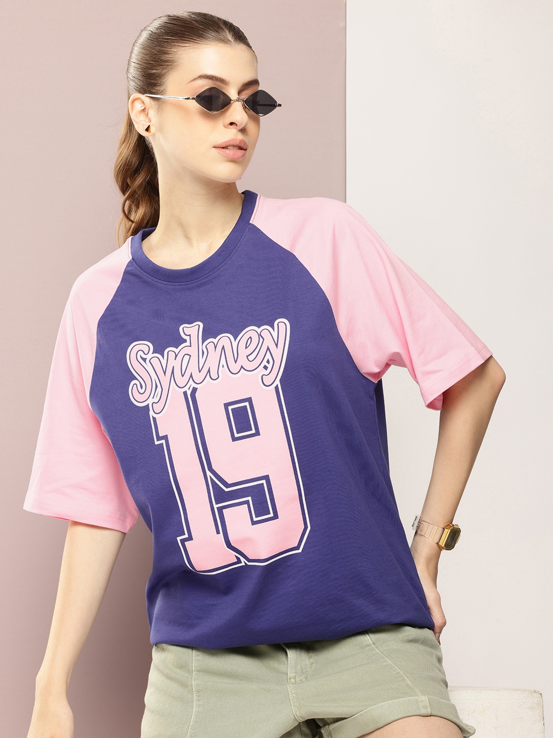 

DILLINGER Typography Printed Raglan Sleeves Oversized Pure Cotton T-shirt, Navy blue