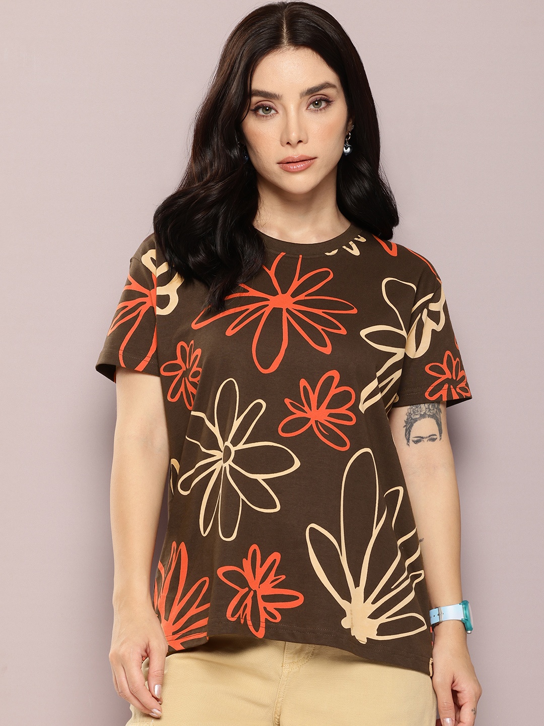 

DILLINGER Floral Printed Pure Cotton Boxy T-shirt, Brown