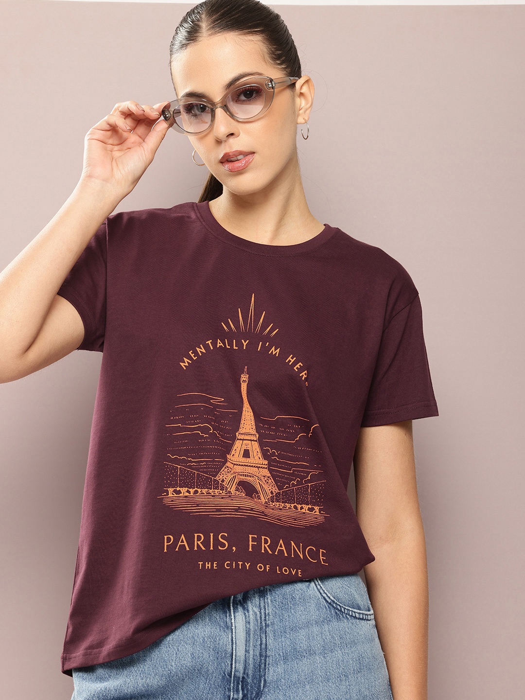 

DILLINGER Women Printed Pure Cotton Boxy T-shirt, Burgundy