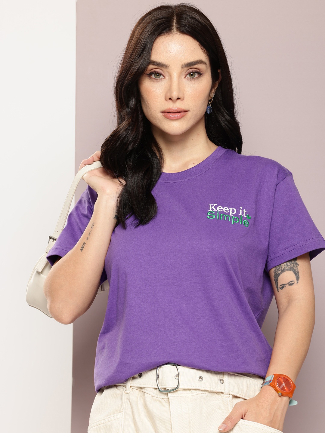 DILLINGER Typography Printed Pure Cotton Boxy T-shirt, Violet