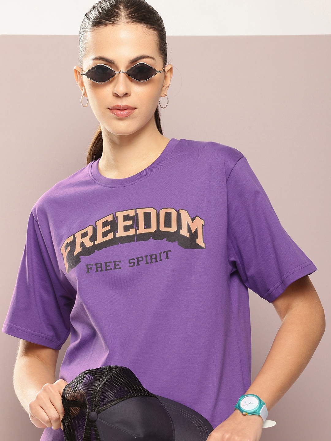DILLINGER Typography Printed Oversized Pure Cotton T-shirt, Violet
