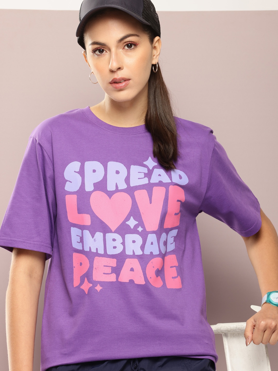 

DILLINGER Typography Printed Oversized Pure Cotton T-shirt, Violet
