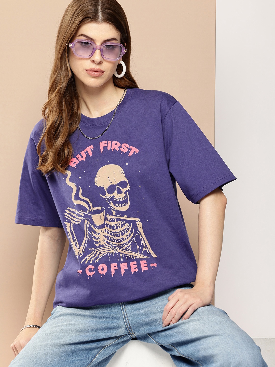 

Difference of Opinion Printed Oversized Pure Cotton T-shirt, Navy blue