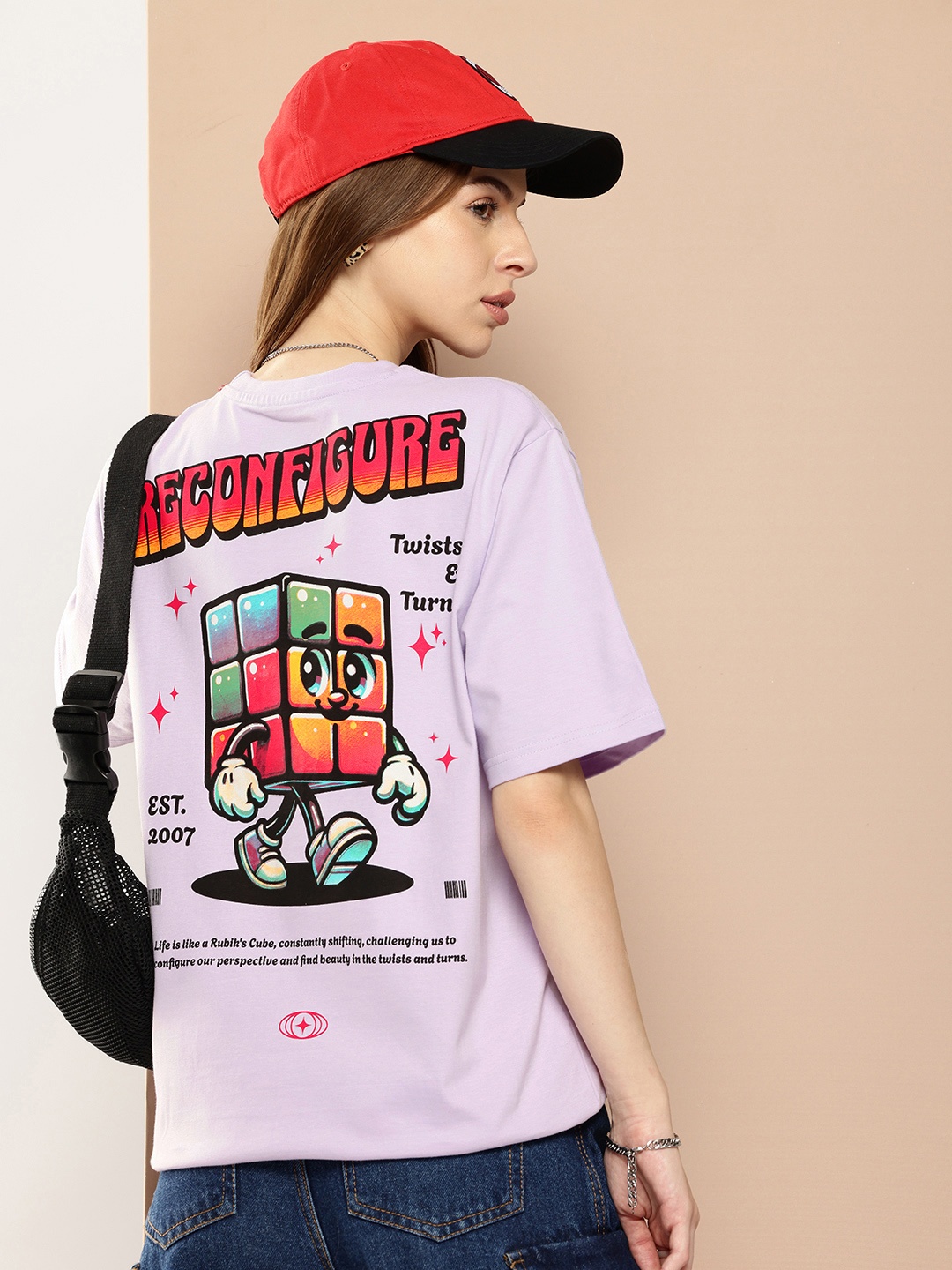 Difference of Opinion Printed Oversized Pure Cotton T-shirt, Lavender