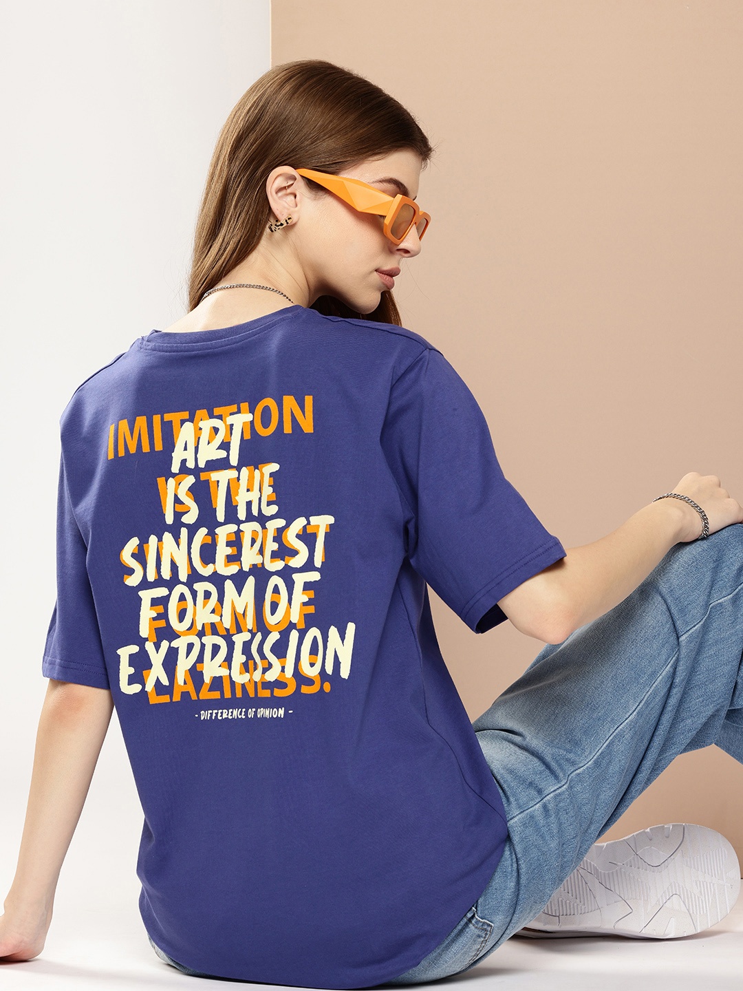 

Difference of Opinion Typography Printed Oversized Pure Cotton T-shirt, Navy blue