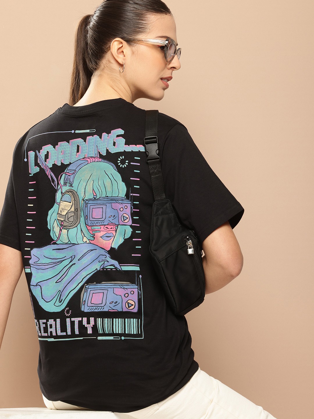 

Difference of Opinion Printed Oversized Pure Cotton T-shirt, Black