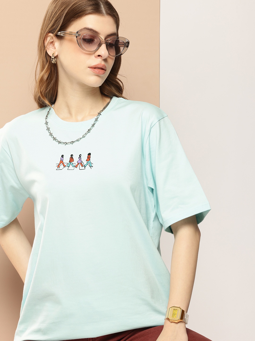 Difference of Opinion Printed Oversized Pure Cotton T-shirt, Turquoise blue