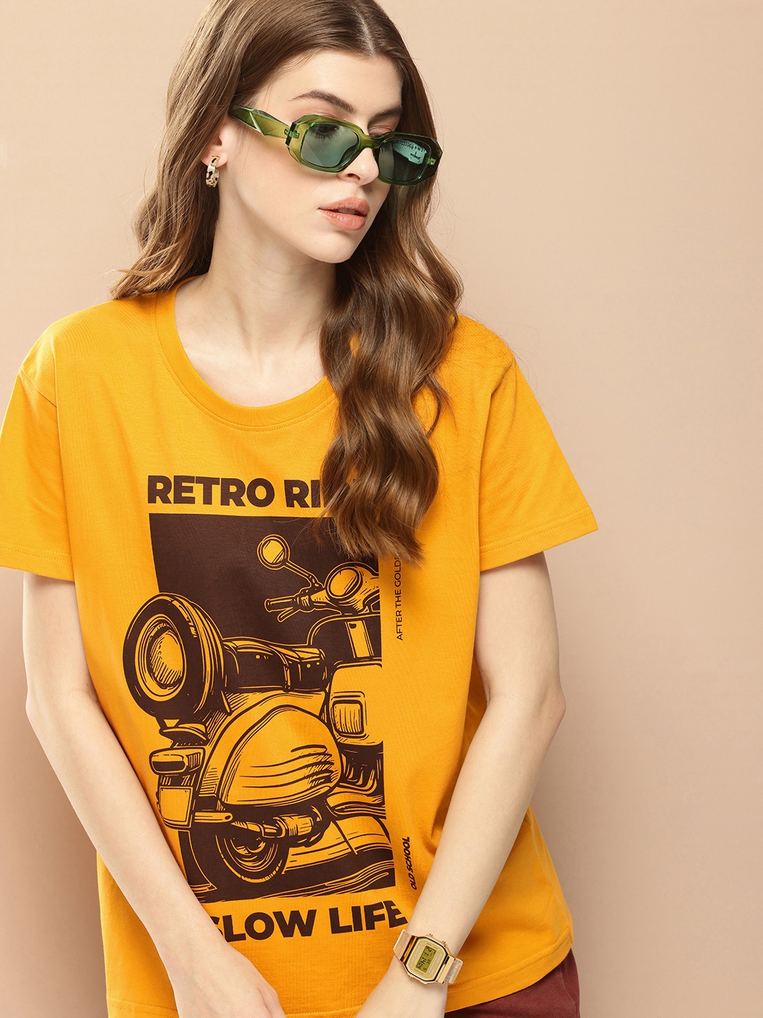 

Difference of Opinion Printed Pure Cotton Boxy T-shirt, Mustard