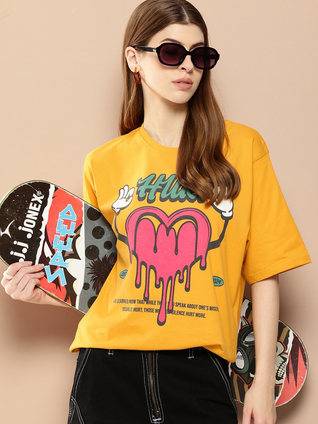 

Difference of Opinion Printed Oversized Pure Cotton T-shirt, Mustard