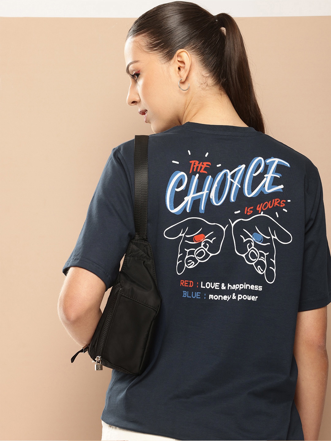 

Difference of Opinion Printed Oversized Pure Cotton T-shirt, Navy blue
