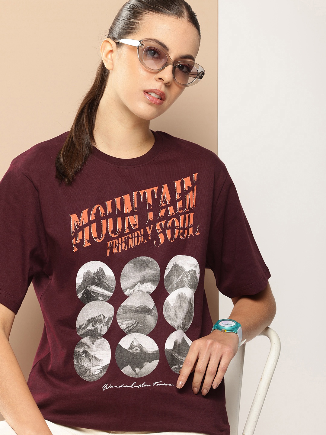 Difference of Opinion Printed Oversized Pure Cotton T-shirt, Burgundy