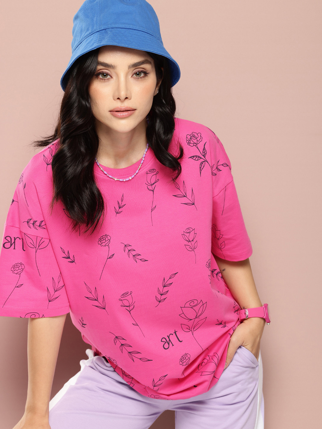 

Stormborn Printed Drop-Shoulder Sleeves Oversized Pure Cotton T-shirt, Pink