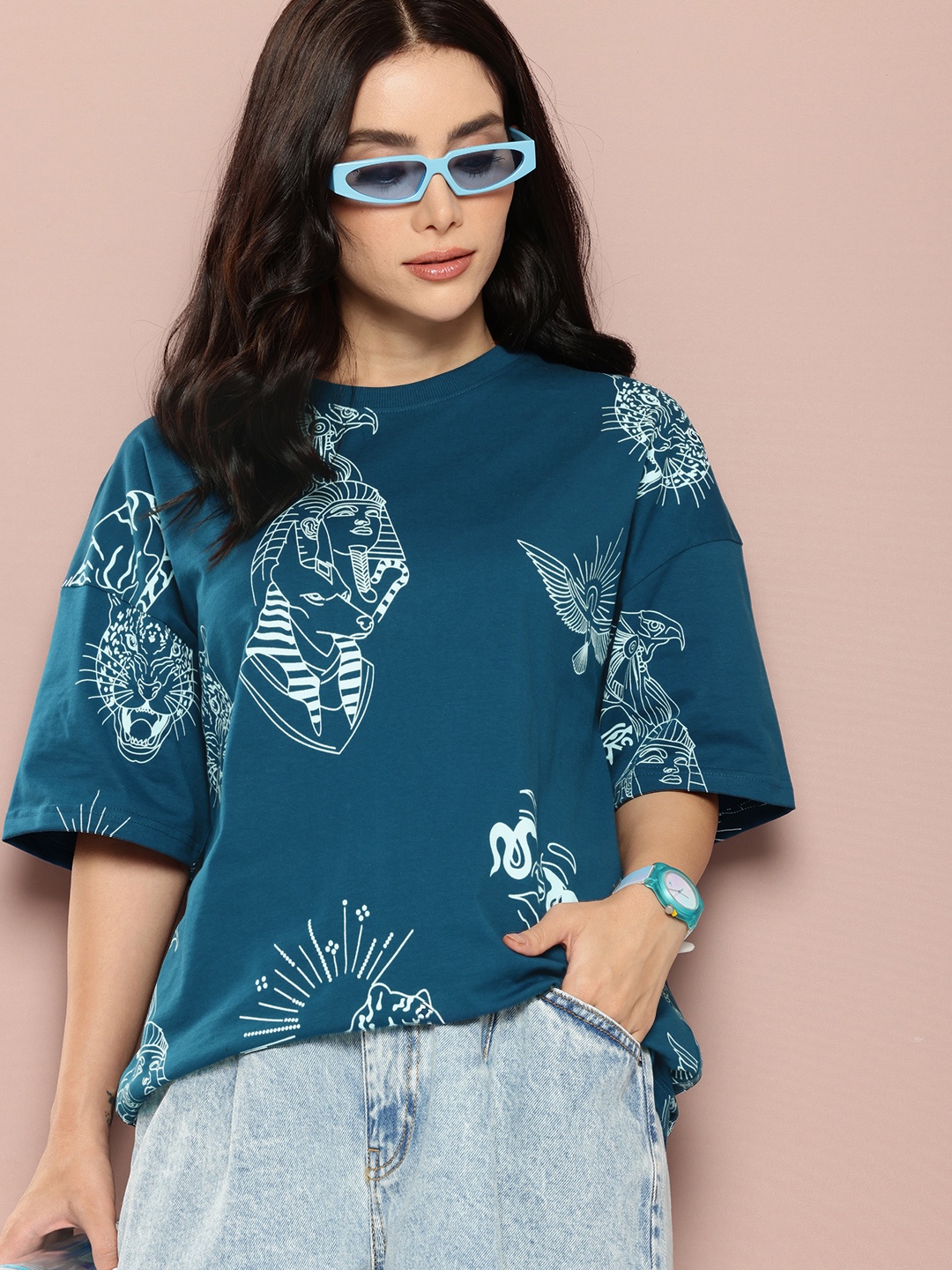 Stormborn Printed Drop-Shoulder Sleeves Oversized Pure Cotton T-shirt, Blue