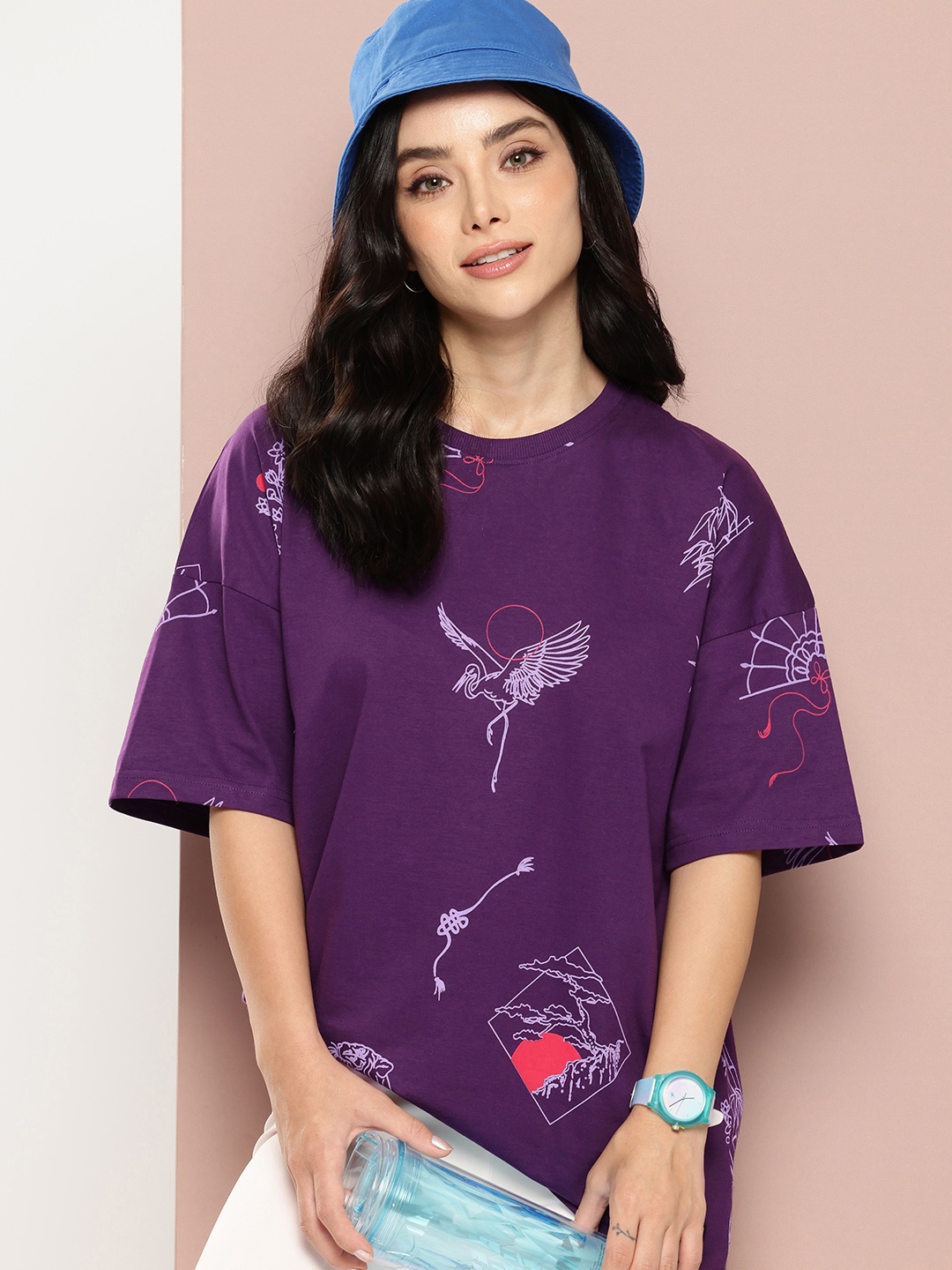 Stormborn Printed Drop-Shoulder Sleeves Oversized Pure Cotton T-shirt, Purple
