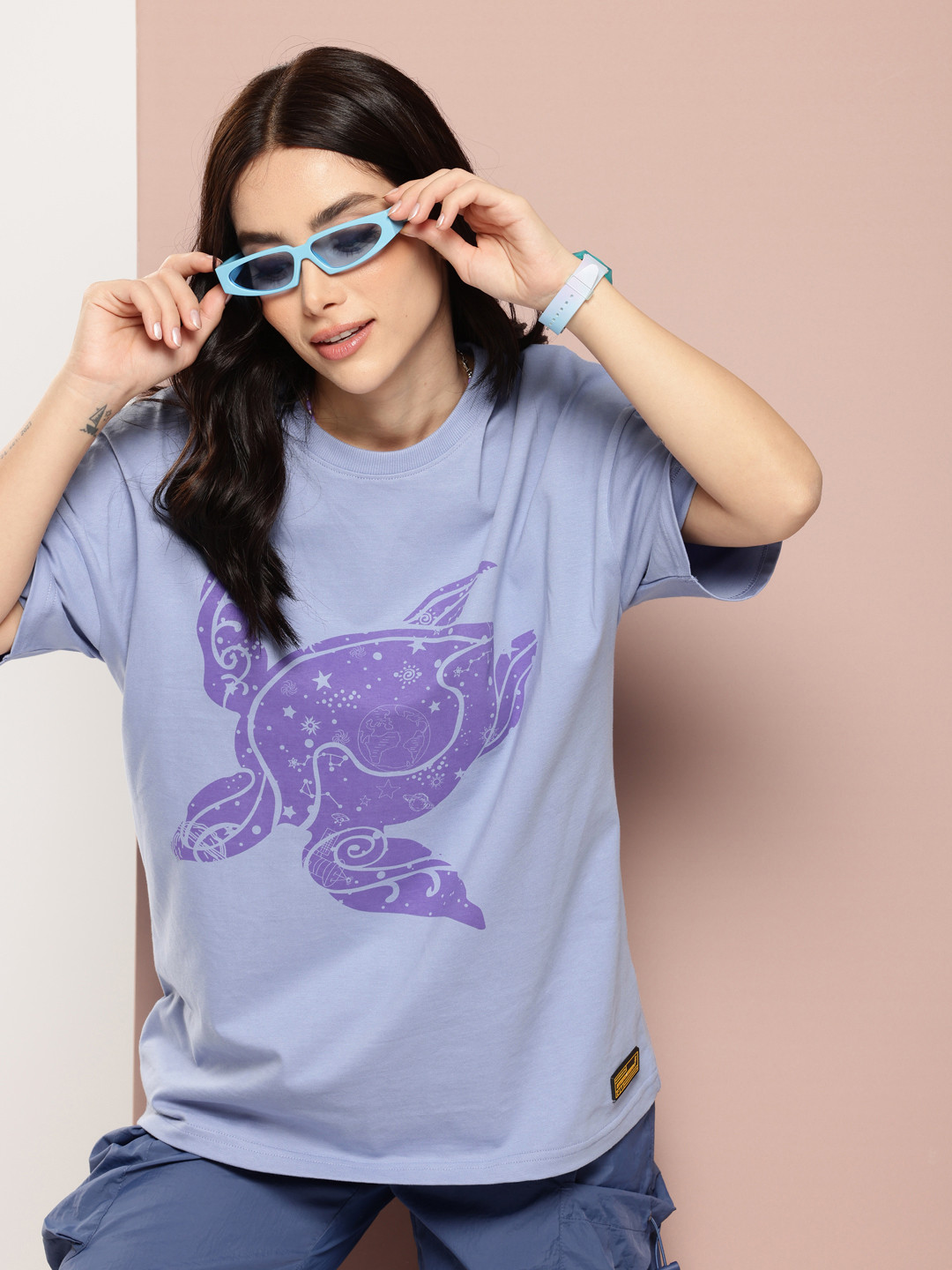 

Stormborn Printed Drop-Shoulder Sleeves Oversized Pure Cotton T-shirt, Purple
