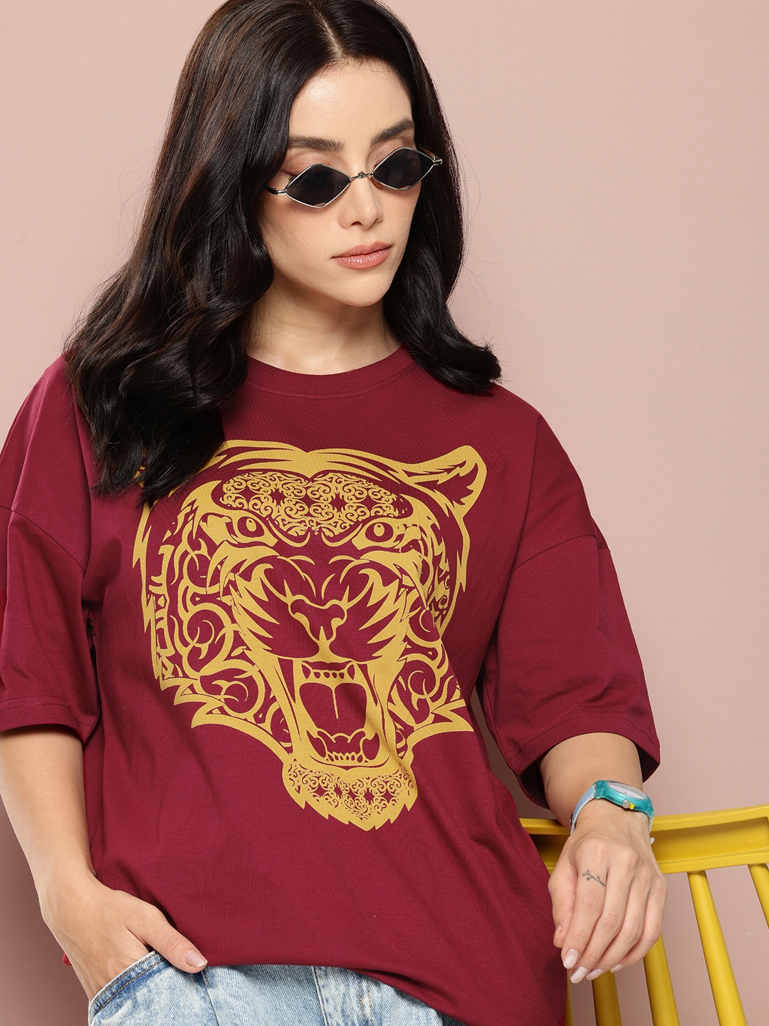 

Stormborn Printed Drop-Shoulder Sleeves Oversized Pure Cotton T-shirt, Maroon