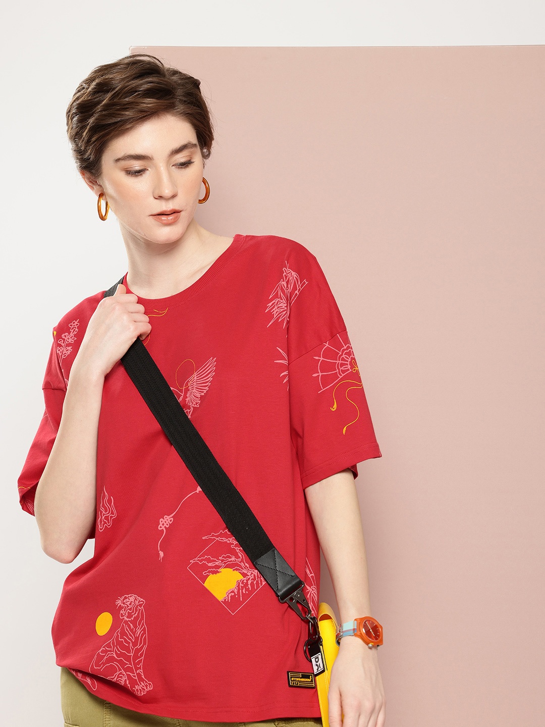 Stormborn Printed Drop-Shoulder Sleeves Oversized Pure Cotton T-shirt, Red