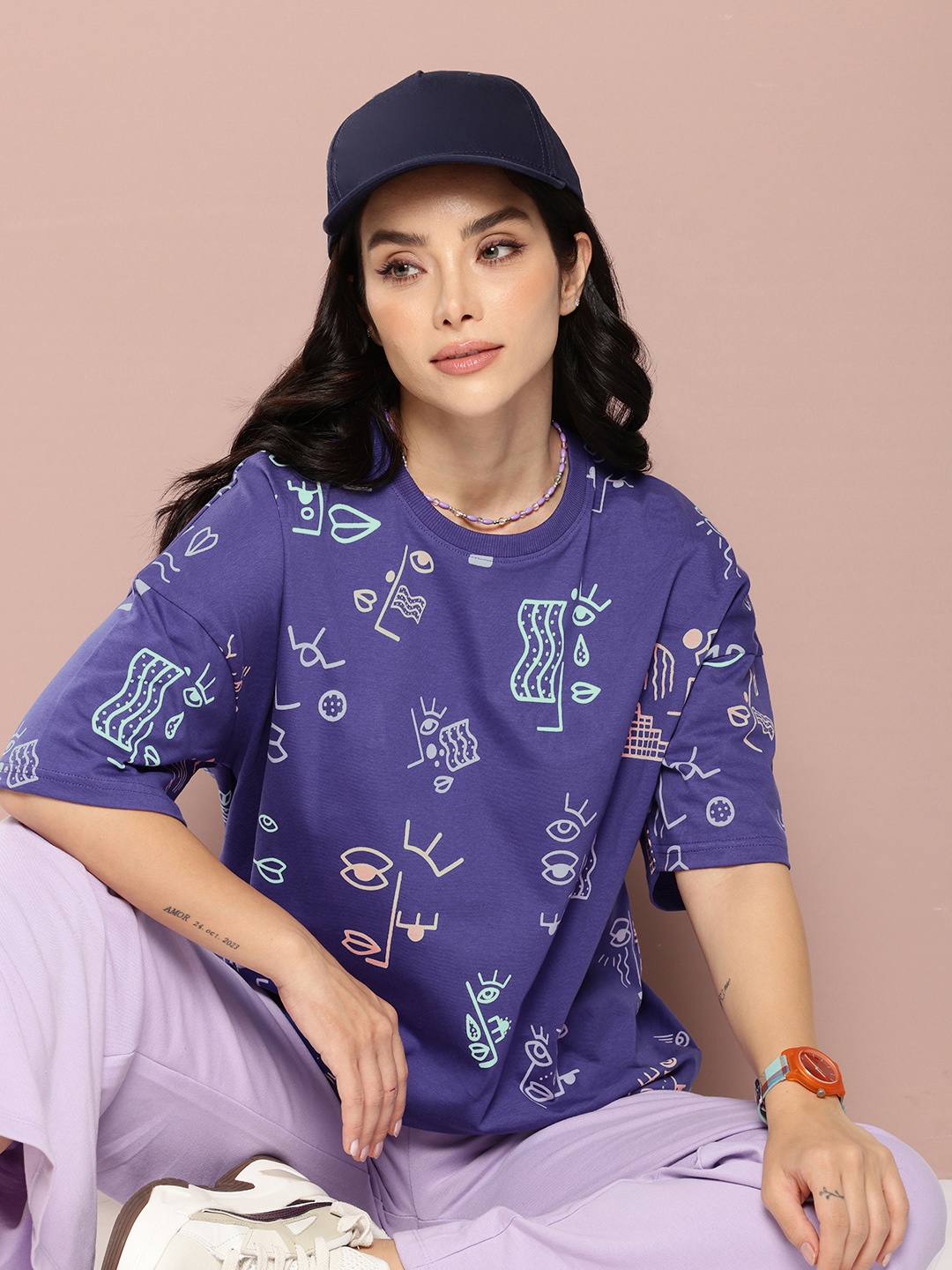 

Stormborn Printed Drop-Shoulder Sleeves Oversized Pure Cotton T-shirt, Navy blue