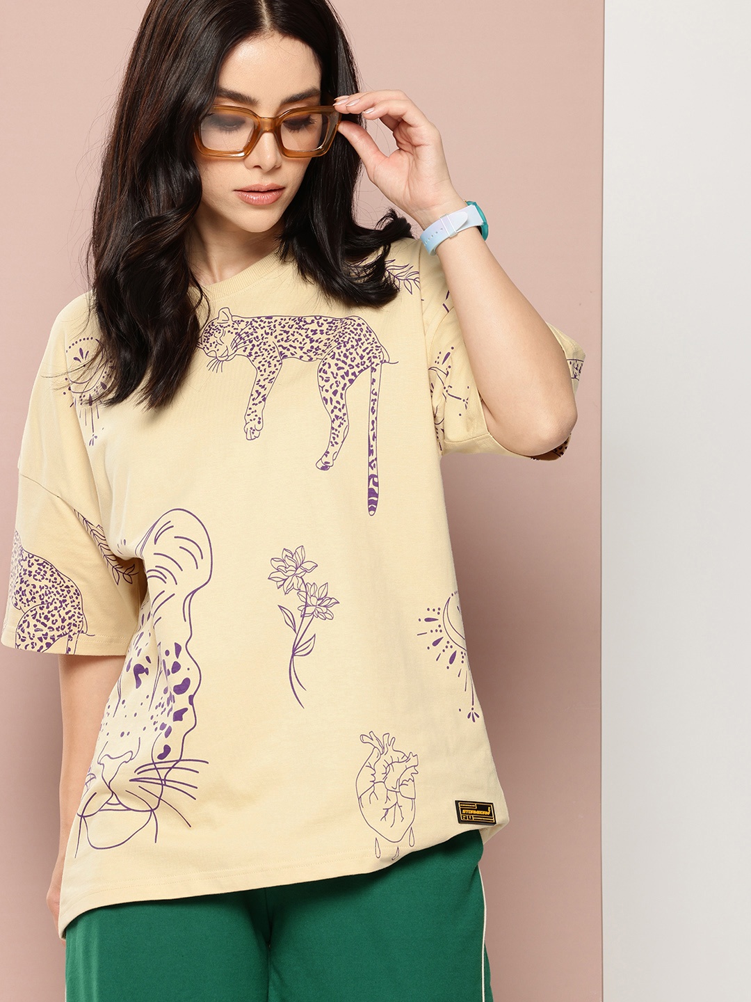 Stormborn Printed Drop-Shoulder Sleeves Oversized Pure Cotton T-shirt, Beige