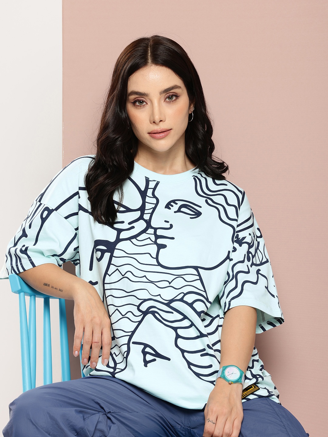 

Stormborn Printed Drop-Shoulder Sleeves Oversized Pure Cotton T-shirt, Blue