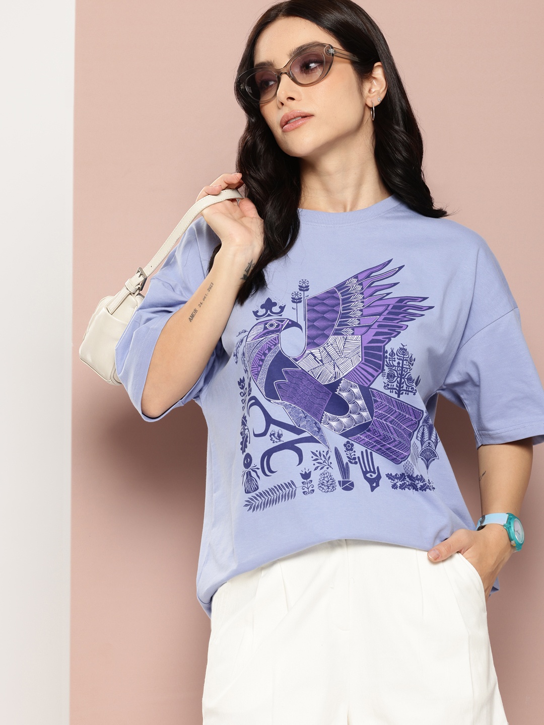 

Stormborn Printed Drop-Shoulder Sleeves Oversized Pure Cotton T-shirt, Purple