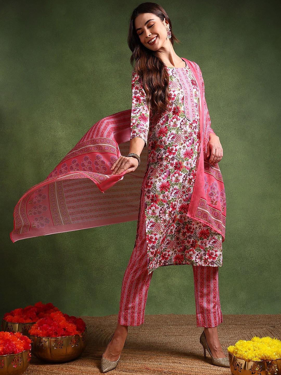 

KALINI Floral Printed Round Neck Straight Kurta With Trousers & Dupatta, White