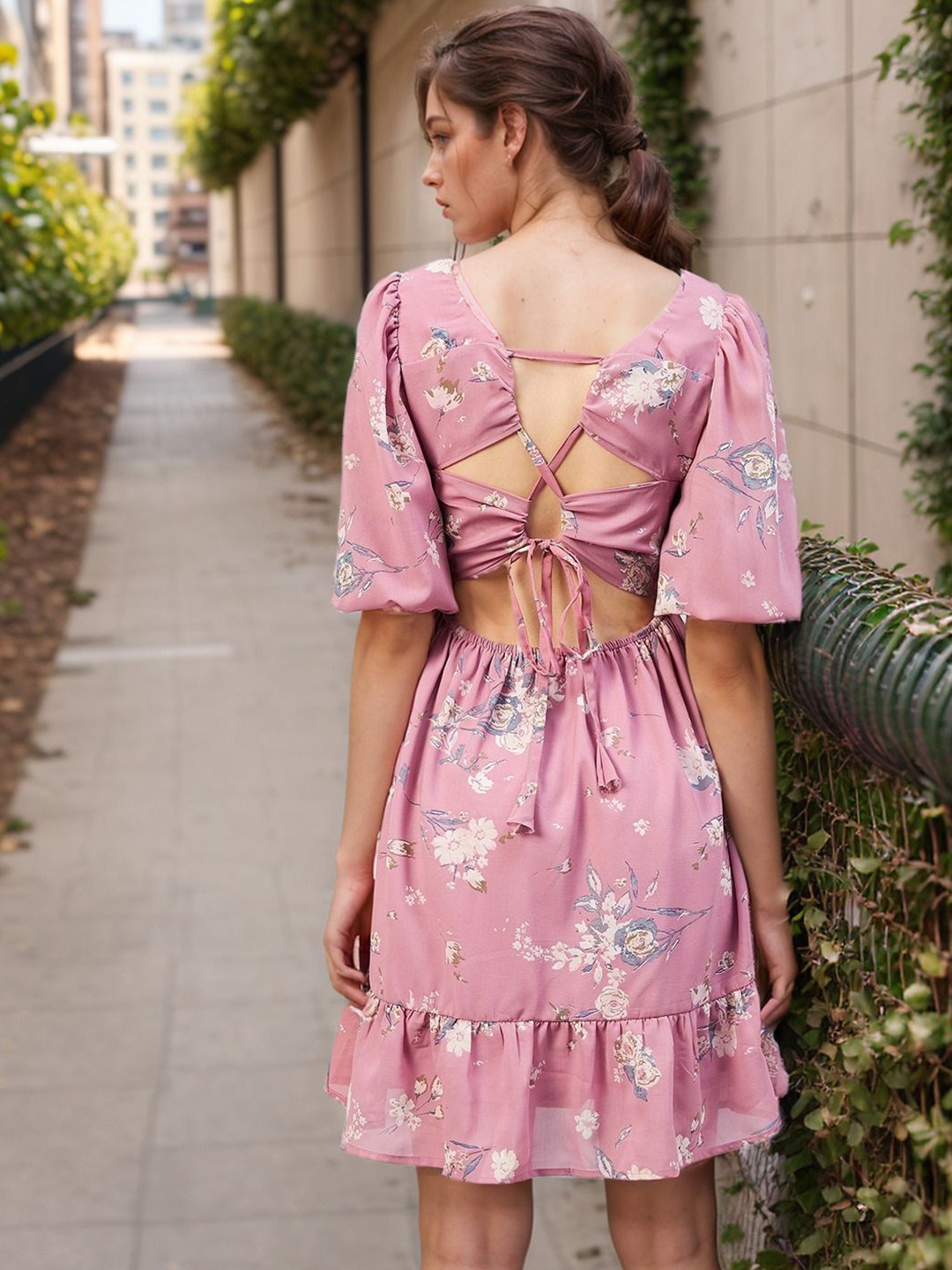 

ZYNG Floral Printed Puff Sleeve Georgette Fit & Flare Dress, Pink