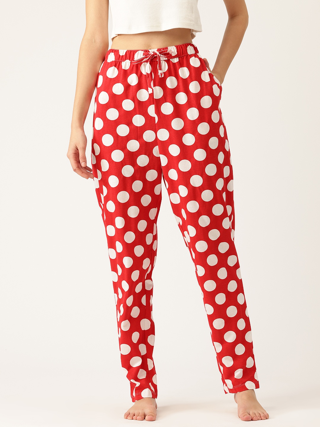 

ETC Polka Dots Printed Pure Cotton Lounge Pants, Red
