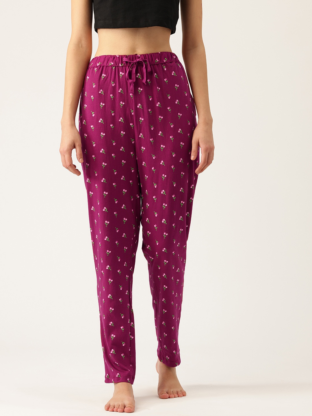 

ETC Floral Printed Pure Cotton Lounge Pants, Burgundy