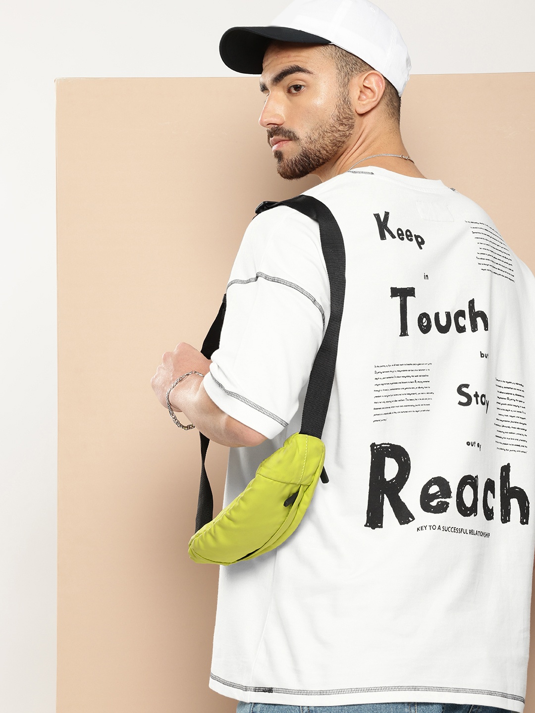

Difference of Opinion Men Printed Oversized Pure Cotton Applique T-shirt, Off white