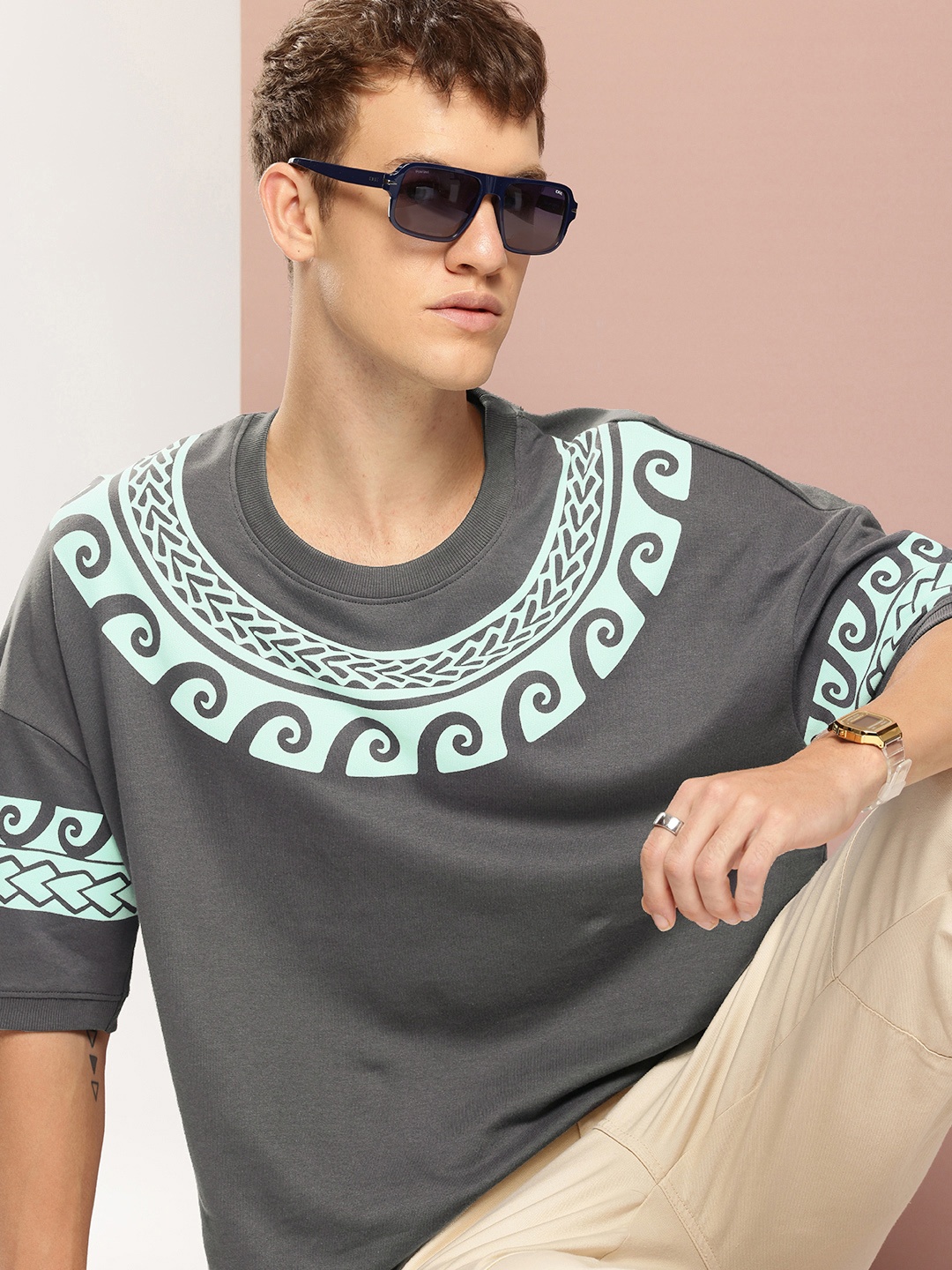 

Stormborn Men Printed Drop-Shoulder Sleeves Oversized Pure Cotton T-shirt, Grey