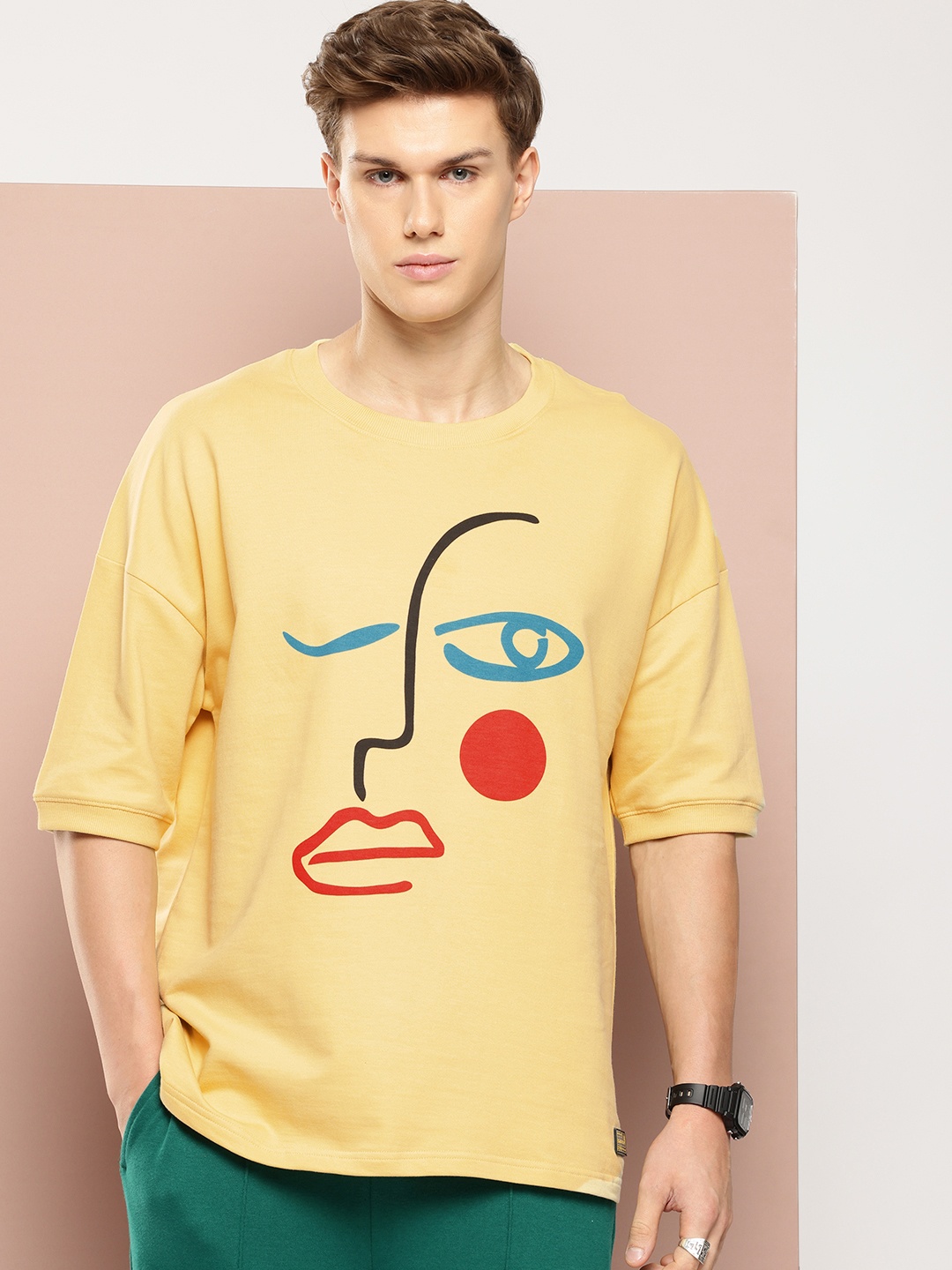 

Stormborn Men Printed Drop-Shoulder Sleeves Oversized Pure Cotton T-shirt, Yellow