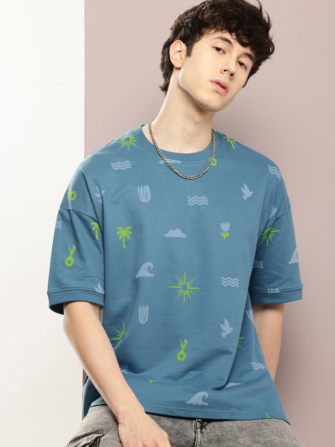 

DILLINGER Unisex Printed Oversized Drop-Shoulder Sleeves T-shirt, Teal