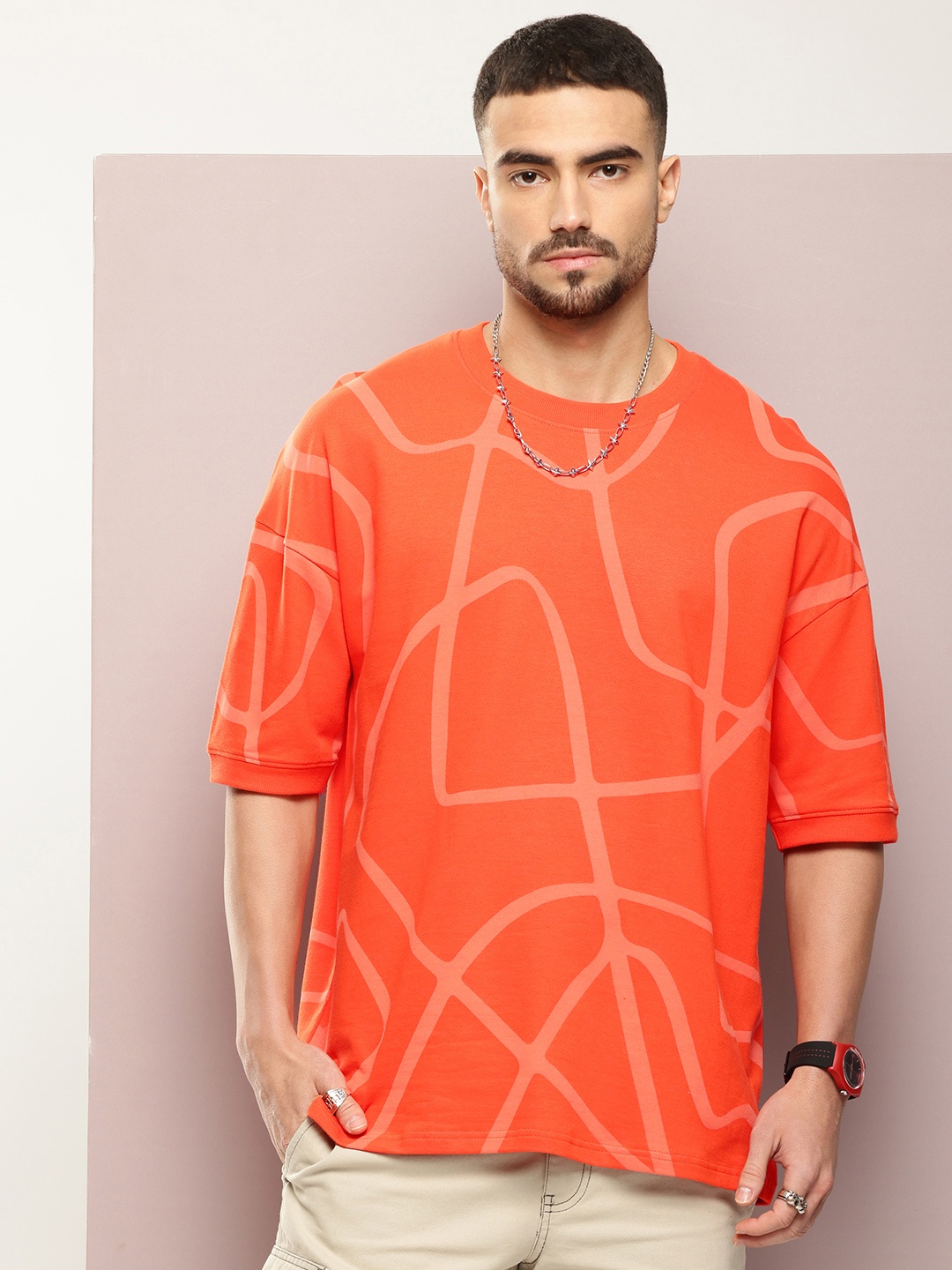

DILLINGER Men Printed Drop-Shoulder Sleeves Oversized Terry Pure Cotton T-shirt, Orange