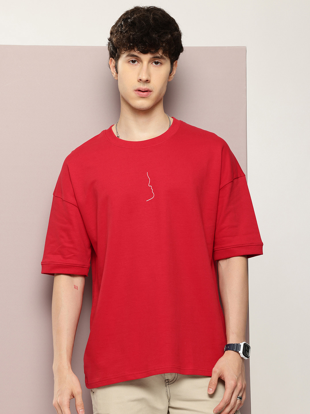 

DILLINGER Unisex Printed Drop-Shoulder Sleeves Oversized T-shirt, Red