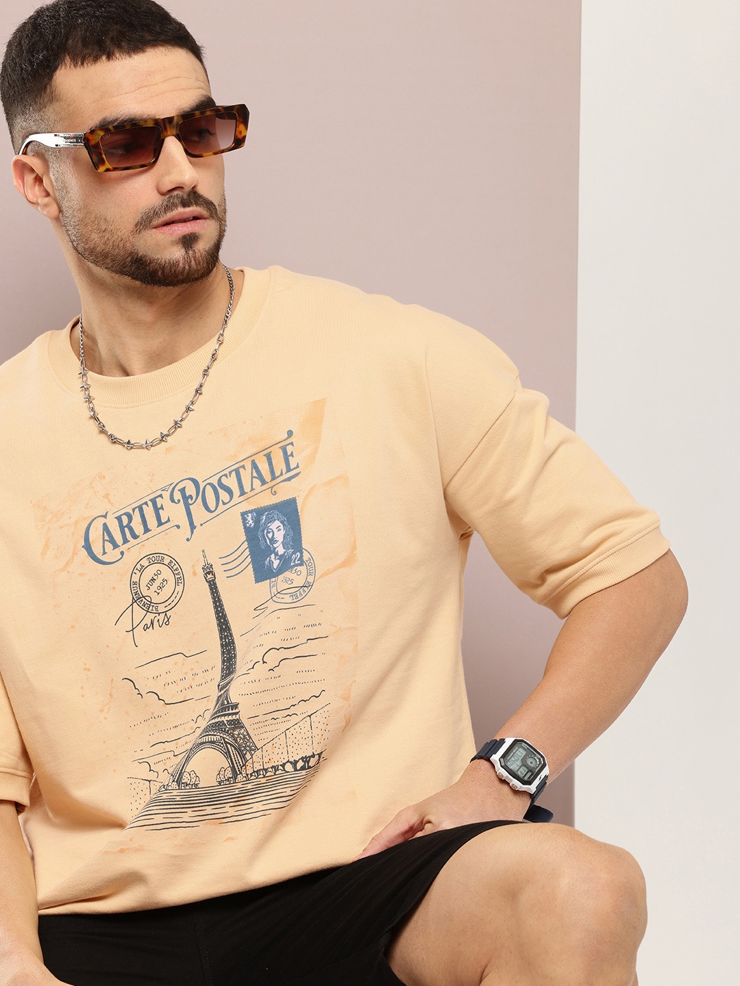

DILLINGER Unisex Printed Oversized Drop-Shoulder Sleeves T-shirt, Beige