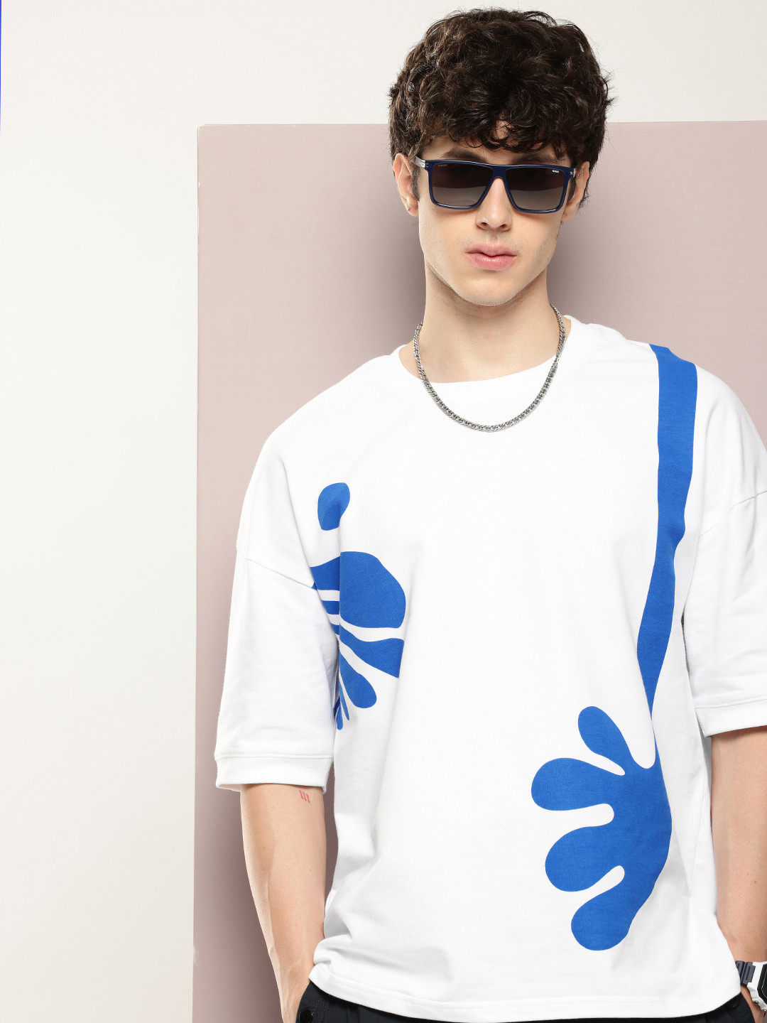 

DILLINGER Men Printed Drop-Shoulder Sleeves Oversized Terry Pure Cotton T-shirt, White
