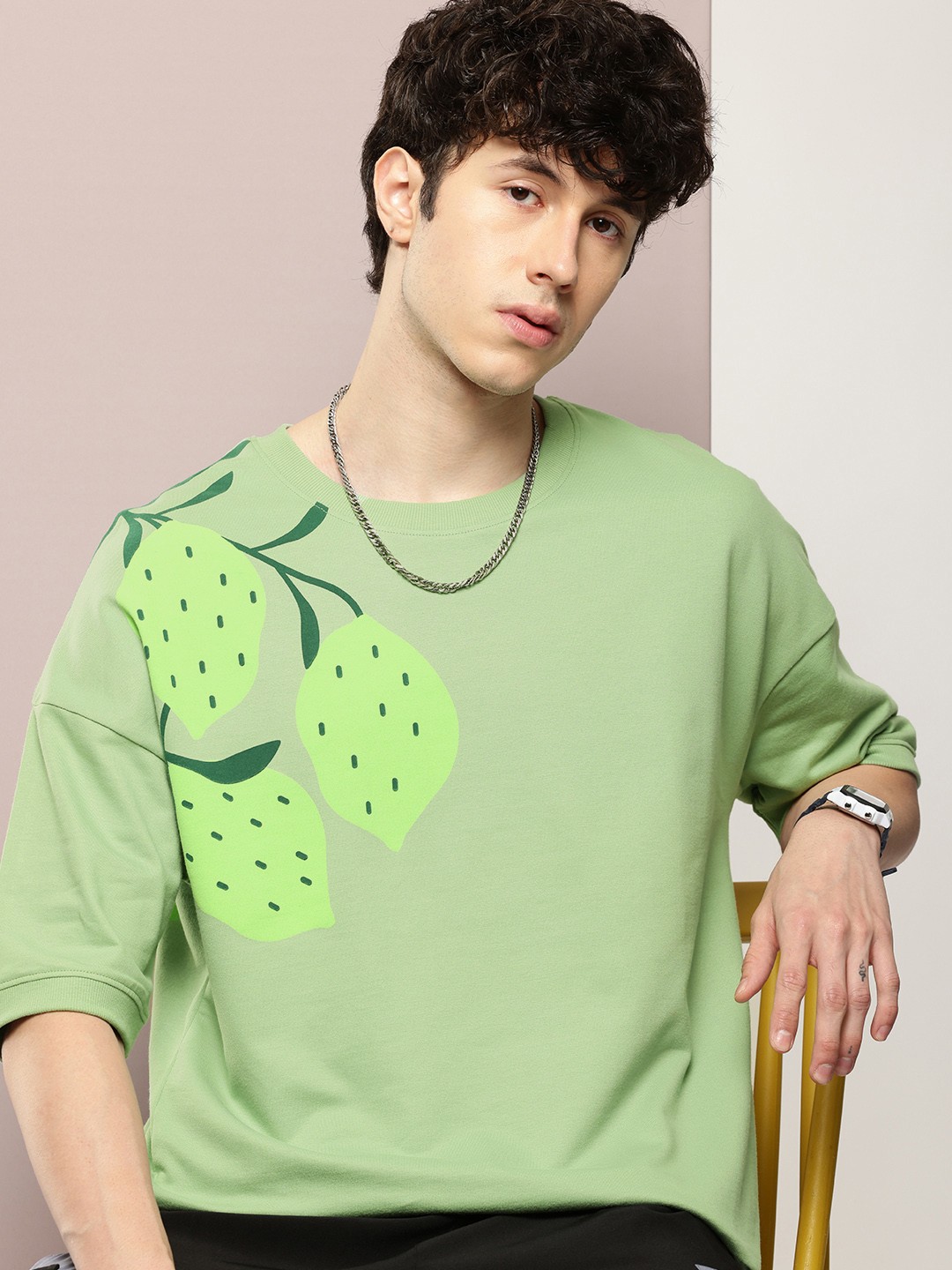 DILLINGER Men Printed Drop-Shoulder Sleeves Oversized Terry Pure Cotton T-shirt, Green