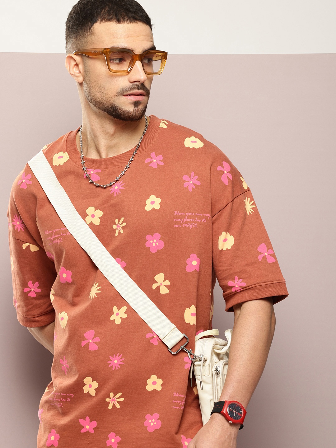 

DILLINGER Men Floral Printed Drop-Shoulder Sleeves Oversized Terry Pure Cotton T-shirt, Brown