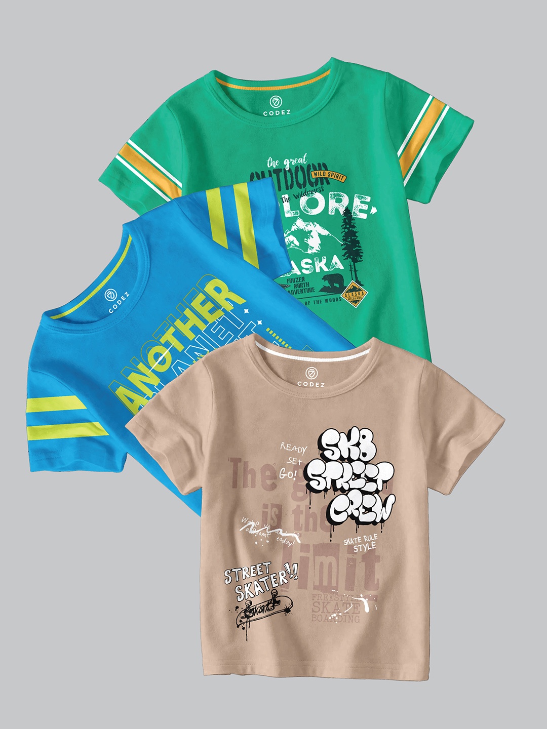 

CODEZ Boys Pack Of 3 Typography Printed Round Neck Cotton T-shirts, Green