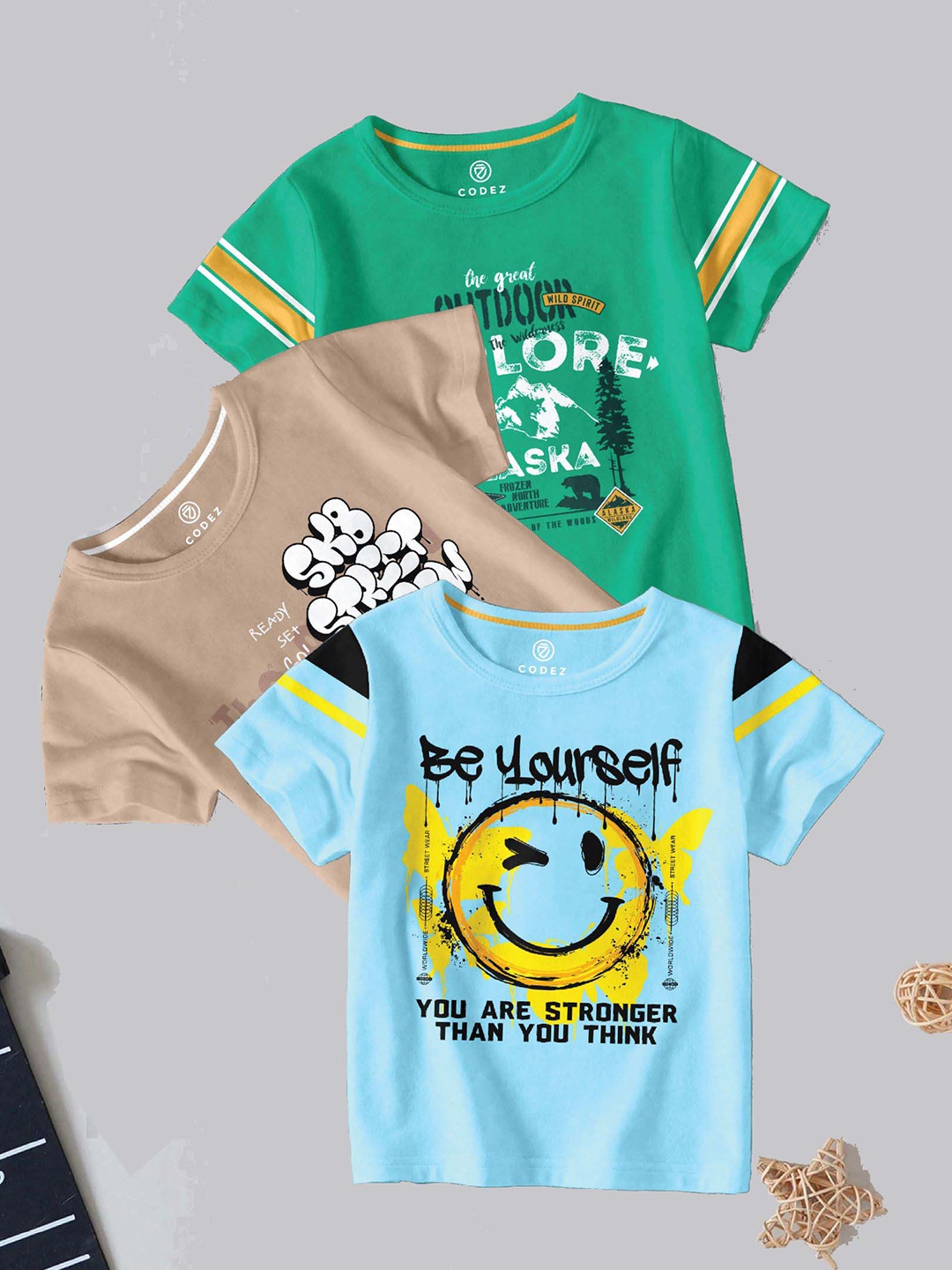 

CODEZ Boys Pack Of 3 Typography Printed Round Neck Cotton T-shirts, Green