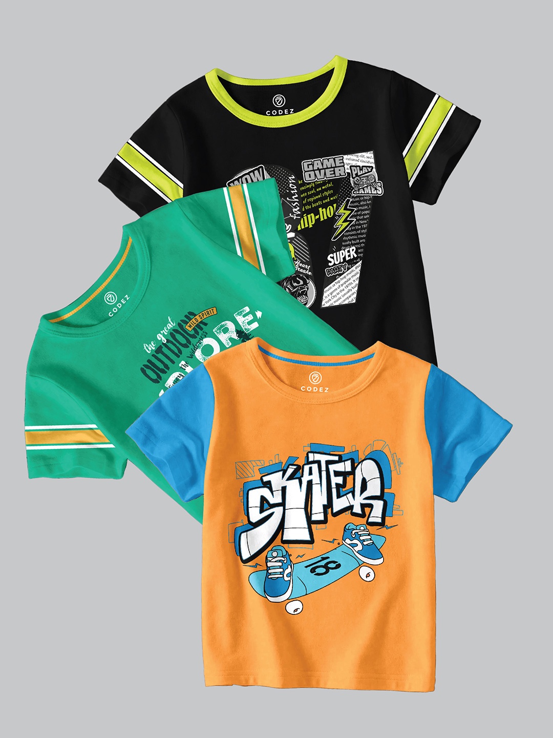 

CODEZ Boys Pack Of 3 Typography Printed Round Neck Cotton T-shirts, Black