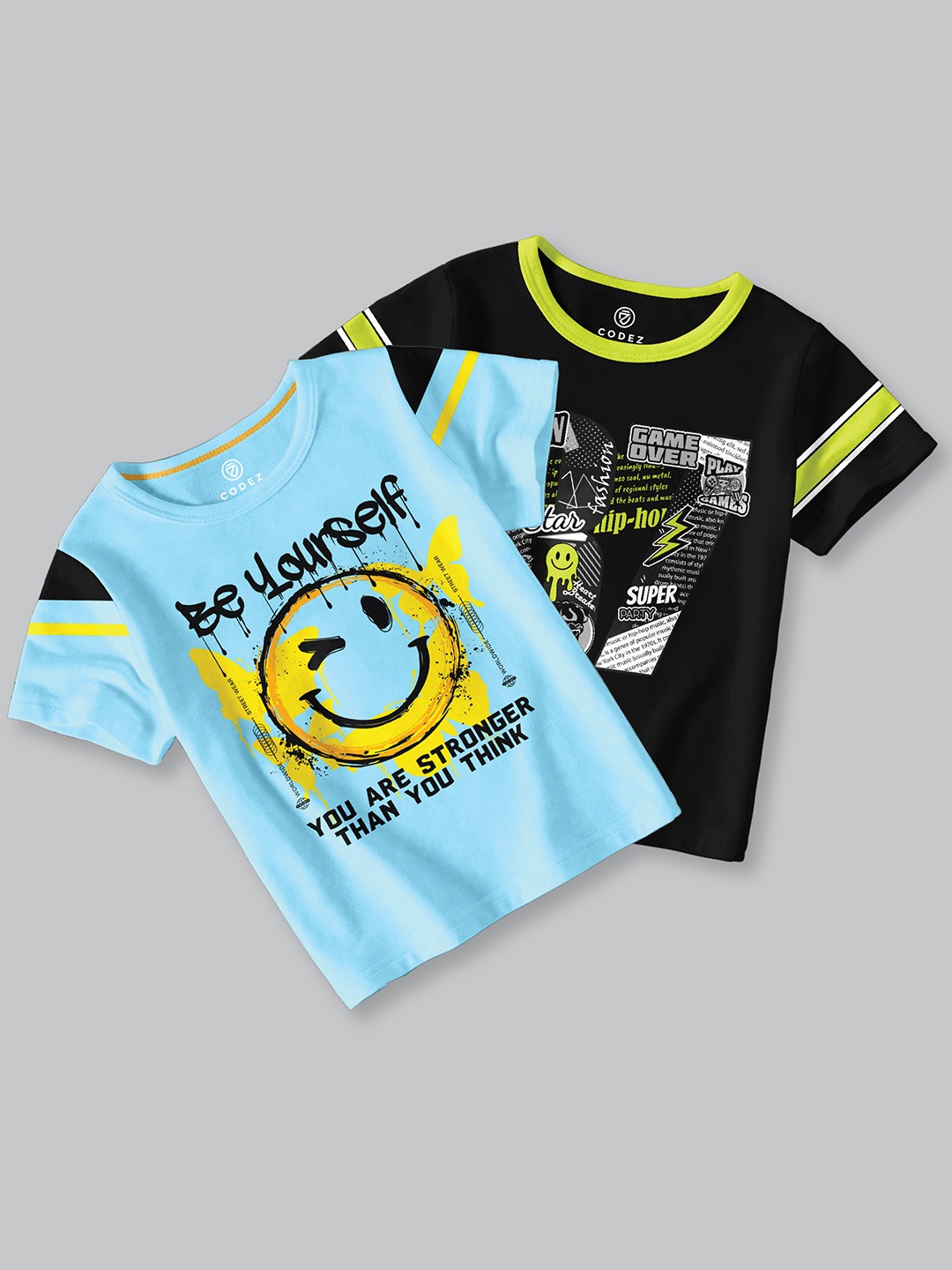 CODEZ Boys Pack Of 2 Typography Printed Round Neck Cotton T-shirts, Black