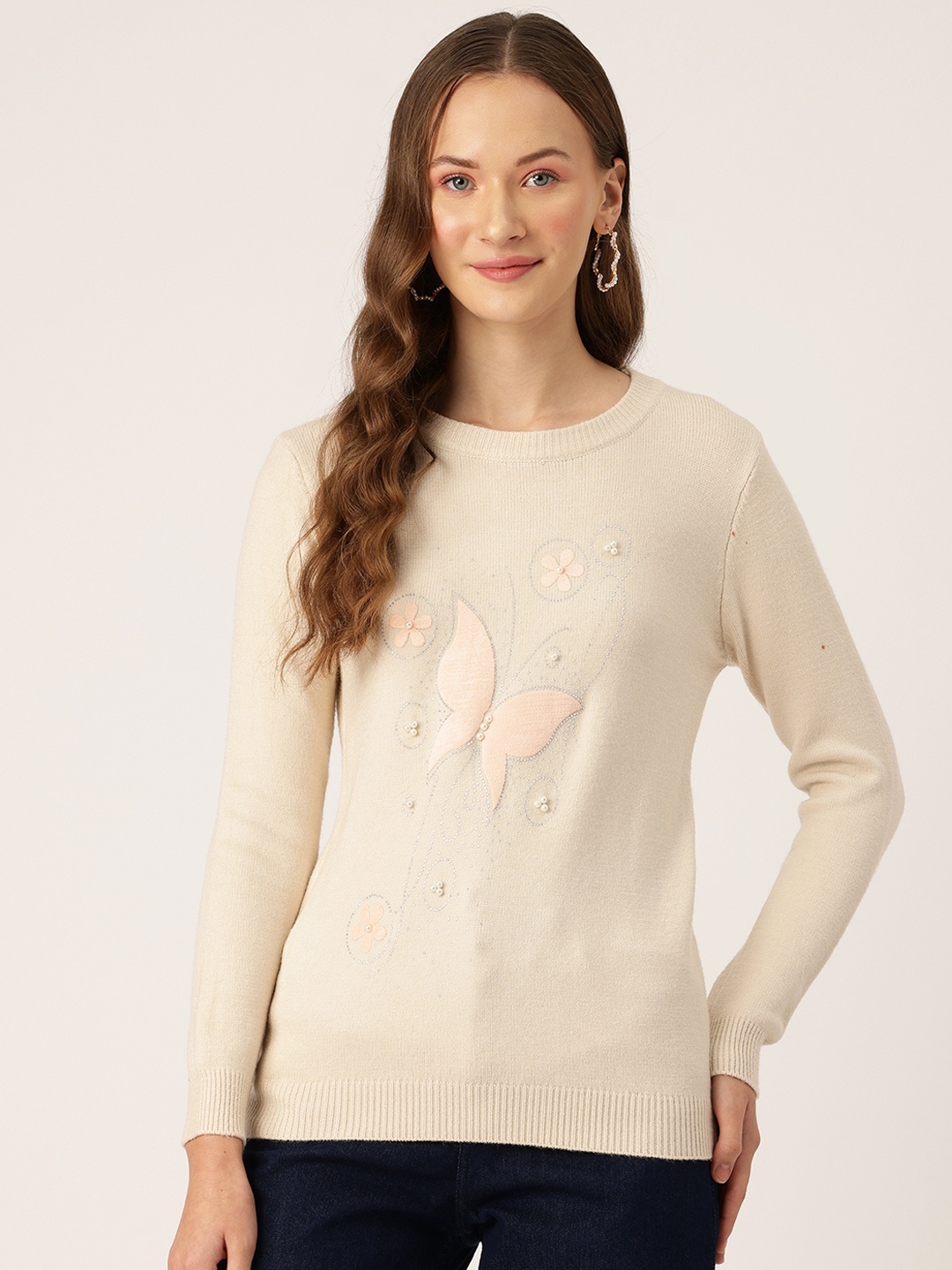 

One Femme Women Embroidered Embellished Designer Sweater, Off white