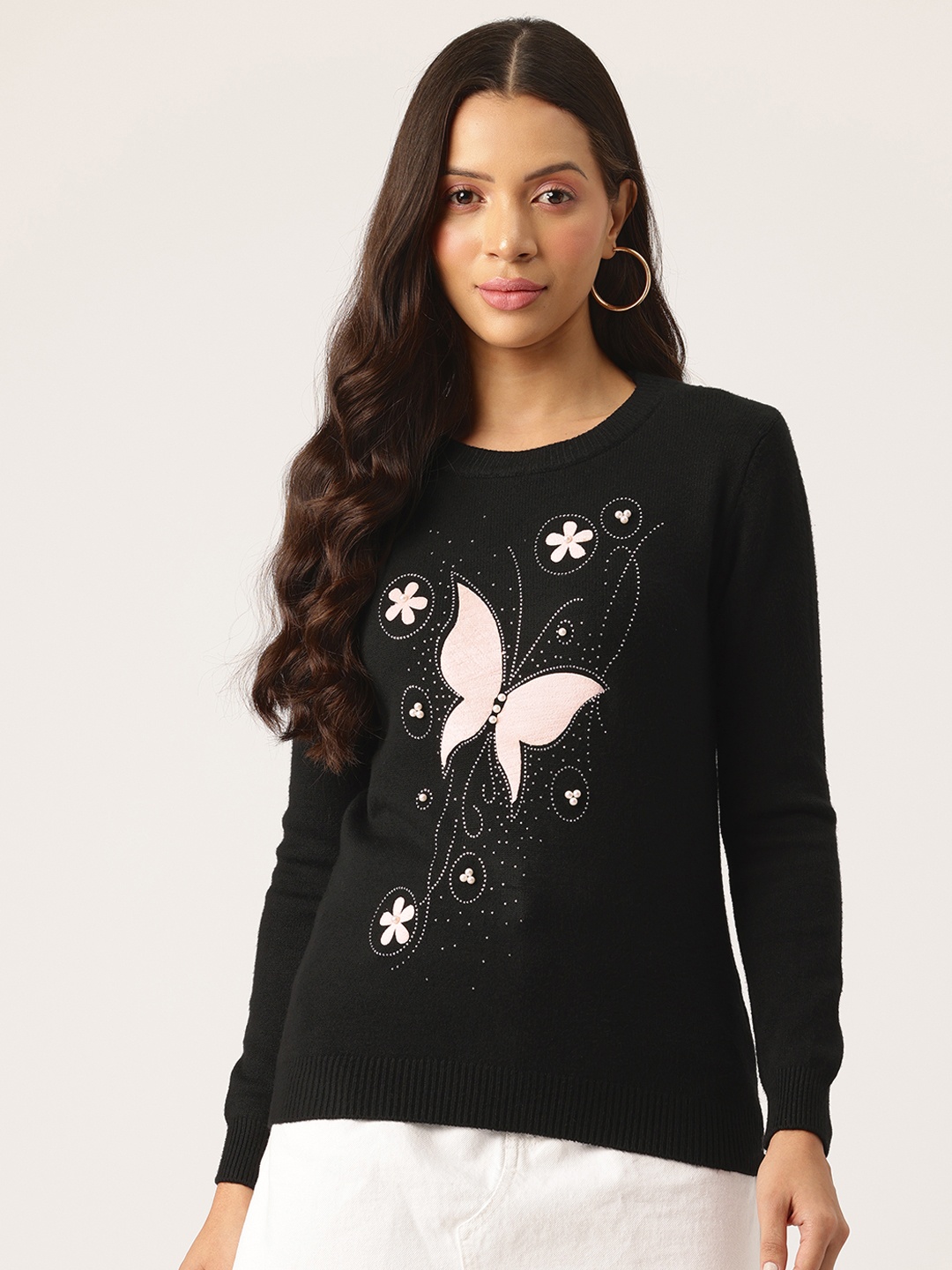 

One Femme Women Embroidered Embellished Designer Sweater, Black